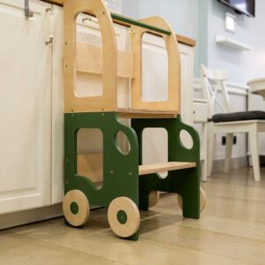 Car kitchen helper turns into a kids table & chair. Montessori-inspired, space-saving, for play, learning & helping. Handmade in Khaki & Natural, tracked delivery & engraved personalised childs name