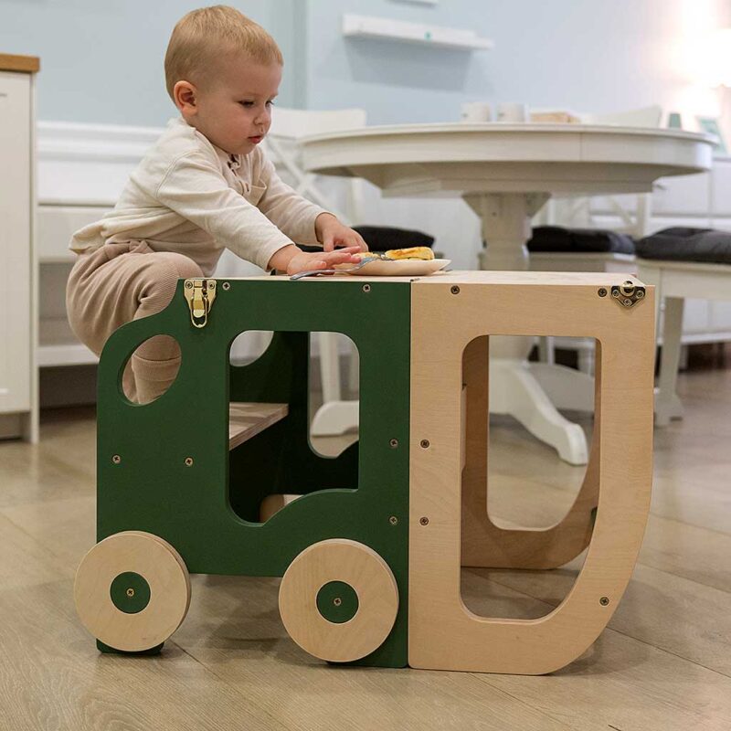 Car kitchen helper turns into a kids table & chair. Montessori-inspired, space-saving, for play, learning & helping. Handmade in Khaki & Natural, tracked delivery & engraved personalised childs name