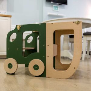 Car kitchen helper turns into a kids table & chair. Montessori-inspired, space-saving, for play, learning & helping. Handmade in Khaki & Natural, tracked delivery & engraved personalised childs name