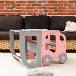 Pink & Grey - Car kitchen helper turns into a kids table & chair. Montessori-inspired, space-saving, for play, learning & helping. Handmade, tracked delivery & engraved name