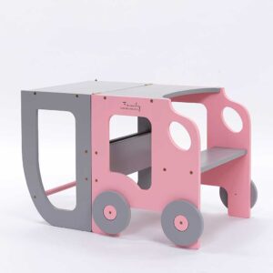 Pink & Grey - Car kitchen helper turns into a kids table & chair. Montessori-inspired, space-saving, for play, learning & helping. Handmade, tracked delivery & engraved name