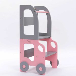Pink & Grey - Car kitchen helper turns into a kids table & chair. Montessori-inspired, space-saving, for play, learning & helping. Handmade, tracked delivery & engraved name