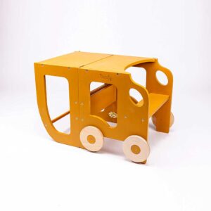Yellow car kitchen helper turns into a kids table & chair. Montessori-inspired, space-saving, for play, learning & helping. Handmade, tracked delivery & engraved