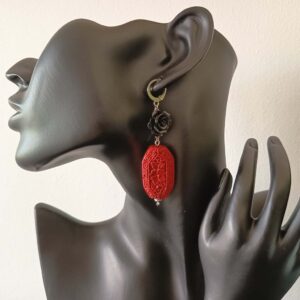 Carved Cinnabar Rose Earrings with hand-carved floral detail & glossy black resin roses. A bold Asian boho statement piece, elegant, artistic & unforgettable.