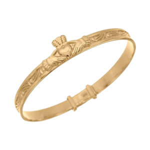 Handcrafted gold-plated Claddagh baby bangle, perfect for newborns, Christening or new baby gifts. Ships with tracked delivery and optional gift box & wrapping from Irish family jewellers.