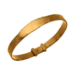 Gold-plated silver Claddagh Baby Bangle, personalised with baby’s name. Hallmarked at Dublin Castle, gift-ready with complimentary box, optional gift wrap, and An Post tracked delivery.