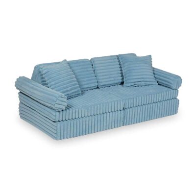 Modular mini play sofa for kids - 10 piece soft foam & machine-washable Blue Waffle fabric. Encourages creativity + folds for storage. Tracked Irish delivery
