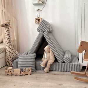 Modular mini play sofa for kids - 10 piece soft foam & machine-washable Grey Waffle fabric. Encourages creativity + folds for storage. Tracked Irish delivery