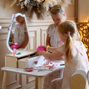 Kids white dressing table set with tulip mirror & chair. Handmade in EU with Tracked Delivery Ireland & EU delivery direct to your door.