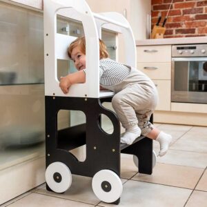 Car Kitchen Helper in White & Black – turns into a kids’ table & chair. Handmade, space-saving for play, learning & helping. Personalised Engraving option.