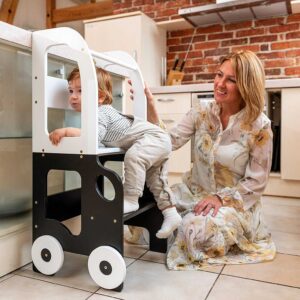 Car Kitchen Helper in White & Black – turns into a kids’ table & chair. Handmade, space-saving for play, learning & helping. Personalised Engraving option.