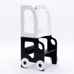 Car Kitchen Helper in White & Black – turns into a kids’ table & chair. Handmade, space-saving for play, learning & helping. Personalised Engraving option.