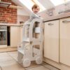 White Car Kitchen Helper – turns into a kids’ table & chair. Handmade, space-saving design for play, learning & helping. Personalised Engraving option.