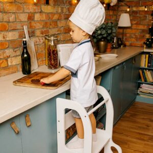 White Car Kitchen Helper – turns into a kids’ table & chair. Handmade, space-saving design for play, learning & helping. Personalised Engraving option.