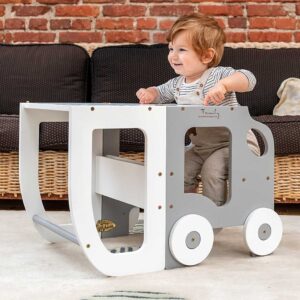 Car Kitchen Helper in White & Grey – turns into a kids’ table & chair. Handmade, space-saving for play, learning & helping. Personalised Engraving option.