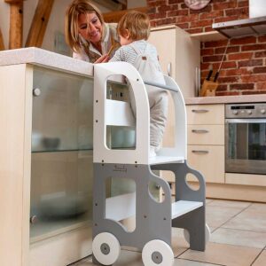 Car Kitchen Helper in White & Grey – turns into a kids’ table & chair. Handmade, space-saving for play, learning & helping. Personalised Engraving option.