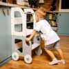 Car Kitchen Helper in White & Grey – turns into a kids’ table & chair. Handmade, space-saving for play, learning & helping. Personalised Engraving option.