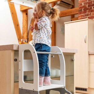 Car Kitchen Helper in White & Grey – turns into a kids’ table & chair. Handmade, space-saving for play, learning & helping. Personalised Engraving option.