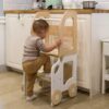 Car Kitchen Helper in White & Natural – turns into a kids’ table & chair. Handmade, space-saving for play, learning & helping. Personalised Engraving option.