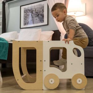 Car Kitchen Helper in White & Natural – turns into a kids’ table & chair. Handmade, space-saving for play, learning & helping. Personalised Engraving option.