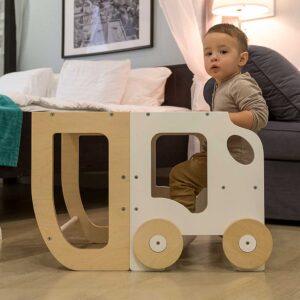 Car Kitchen Helper in White & Natural – turns into a kids’ table & chair. Handmade, space-saving for play, learning & helping. Personalised Engraving option.