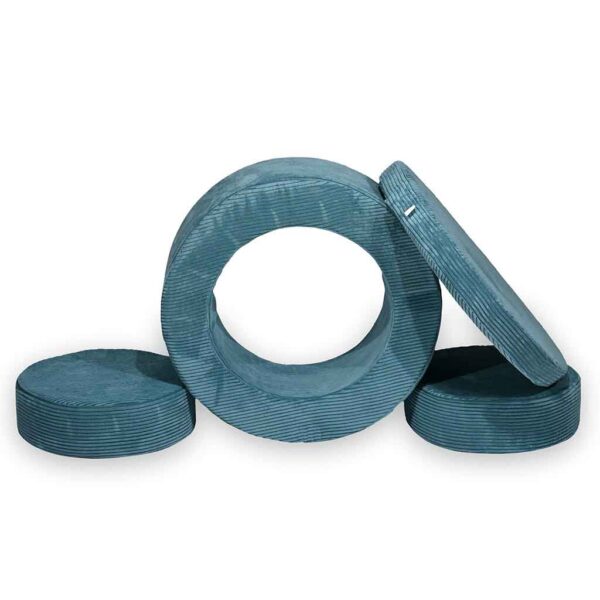 Modular Play & Pouffe Set in Blue corduroy, space-saving design, five modular elements assembled into a footstool pouffe, soft washable corduroy cover, child-safe, tracked shipping Ireland & EU