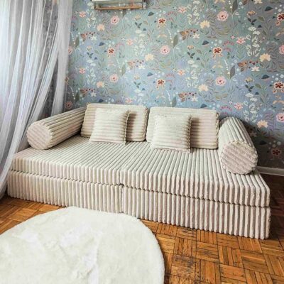Beige Montessori Waffle Corduroy Play Sofa for kids. Handmade 10-part design, durable & cosy for playrooms & nurseries. Delivered in Ireland & EU.