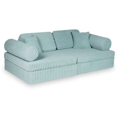 Light Pink Modular Waffle Corduroy Play Sofa for kids. Handmade 10-part design, durable & cosy for playrooms & nurseries. Delivered in Ireland & EU.