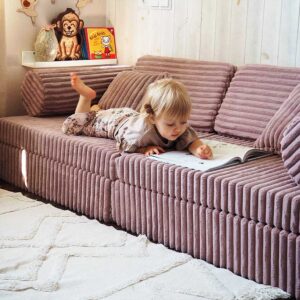Light Pink Modular Waffle Corduroy Play Sofa for kids. Handmade 10-part design, durable & cosy for playrooms & nurseries. Delivered in Ireland & EU.