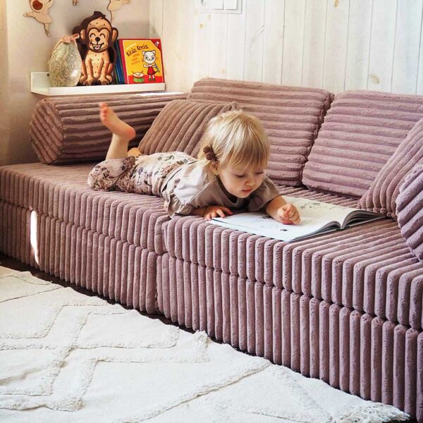 Light Pink Modular Waffle Corduroy Play Sofa for kids. Handmade 10-part design, durable & cosy for playrooms & nurseries. Delivered in Ireland & EU.