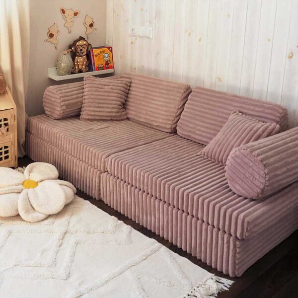Light Pink Modular Waffle Corduroy Play Sofa for kids. Handmade 10-part design, durable & cosy for playrooms & nurseries. Delivered in Ireland & EU.