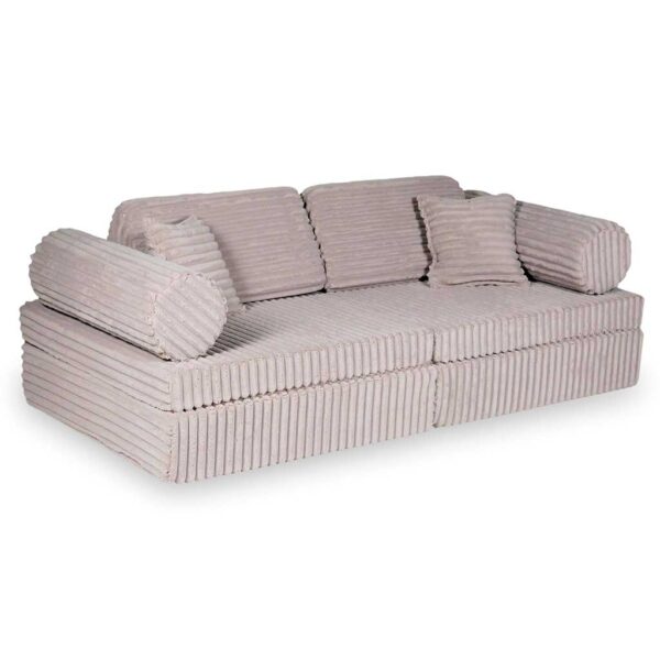 Light Pink Modular Waffle Corduroy Play Sofa for kids. Handmade 10-part design, durable & cosy for playrooms & nurseries. Delivered in Ireland & EU.