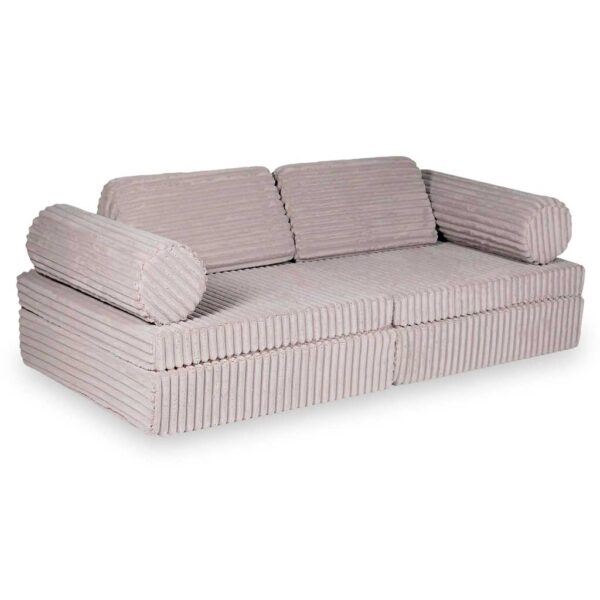 Light Pink Modular Waffle Corduroy Play Sofa for kids. Handmade 10-part design, durable & cosy for playrooms & nurseries. Delivered in Ireland & EU.