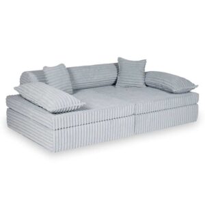 Grey Waffle Corduroy Play Sofa for kids. Handmade montessori 13-part design, durable & cosy for playrooms & nurseries. Delivered in Ireland & EU.