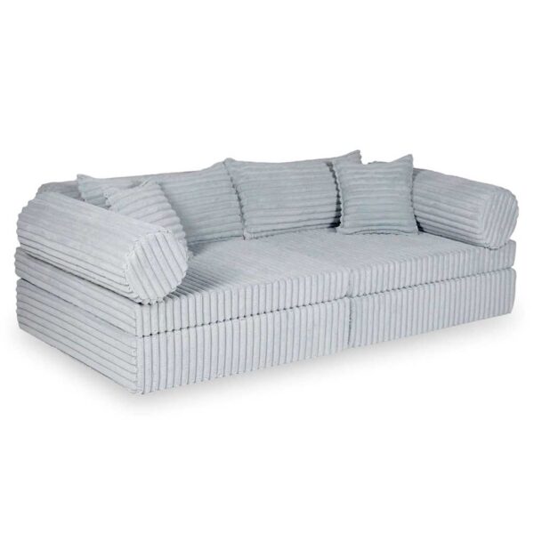 Grey Waffle Corduroy Play Sofa for kids. Handmade montessori 13-part design, durable & cosy for playrooms & nurseries. Delivered in Ireland & EU.