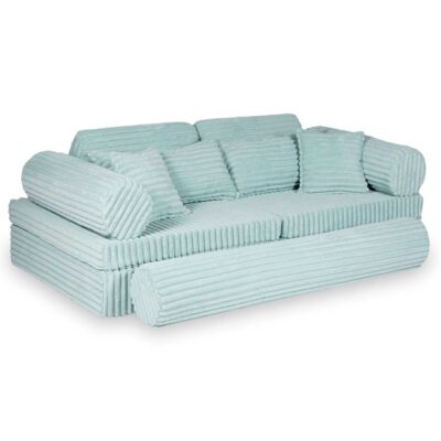 Light Mint Waffle Corduroy Play Sofa for kids. Handmade modular 13-part design, durable & cosy for playrooms & nurseries. Delivered in Ireland & EU.