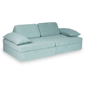 Light Mint Waffle Corduroy Play Sofa for kids. Handmade modular 13-part design, durable & cosy for playrooms & nurseries. Delivered in Ireland & EU.
