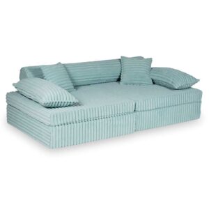 Light Mint Waffle Corduroy Play Sofa for kids. Handmade modular 13-part design, durable & cosy for playrooms & nurseries. Delivered in Ireland & EU.