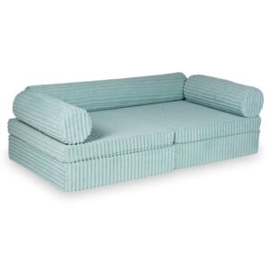 Light Mint Waffle Corduroy Play Sofa for kids. Handmade modular 13-part design, durable & cosy for playrooms & nurseries. Delivered in Ireland & EU.