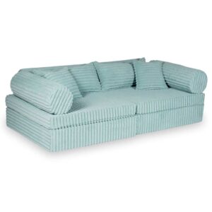 Light Mint Waffle Corduroy Play Sofa for kids. Handmade modular 13-part design, durable & cosy for playrooms & nurseries. Delivered in Ireland & EU.