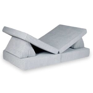 Grey Waffle Play Sofa for kids. Handmade montessori modular 6-part design, durable & cosy for playrooms & nurseries. Delivered in Ireland & EU.