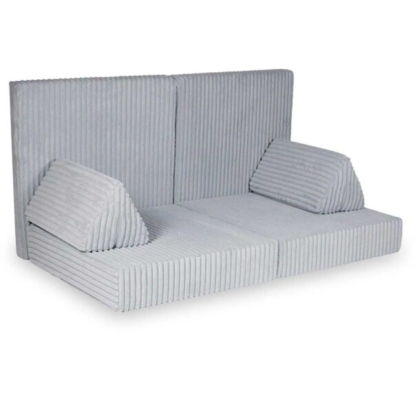 Grey Waffle Play Sofa for kids. Handmade montessori modular 6-part design, durable & cosy for playrooms & nurseries. Delivered in Ireland & EU.
