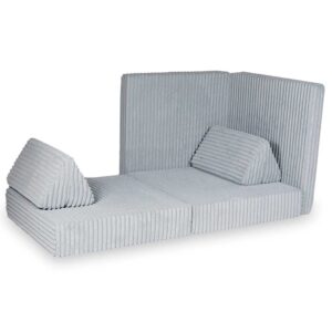 Grey Waffle Play Sofa for kids. Handmade montessori modular 6-part design, durable & cosy for playrooms & nurseries. Delivered in Ireland & EU.