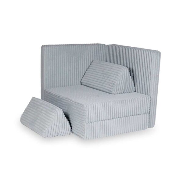 Grey Waffle Play Sofa for kids. Handmade montessori modular 6-part design, durable & cosy for playrooms & nurseries. Delivered in Ireland & EU.