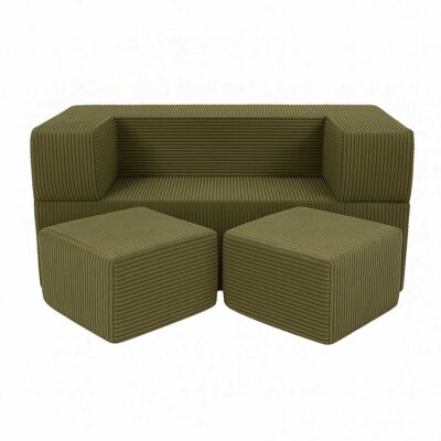 Cube Play Sofa Bed for Kids & Children Ireland. Khaki Cord Soft Foam Sofa with 2 Poufs. Folds into Bed for Naps & Sleepovers. 96Lx50Dx40H cm. Delivered.