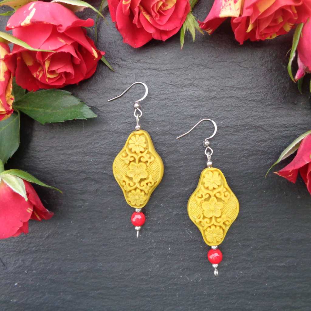 Hand-Carved Cinnabar Drop Earrings – Floral Motif Red & Gold Statement Earrings, Vintage-Inspired Artisan Jewelry