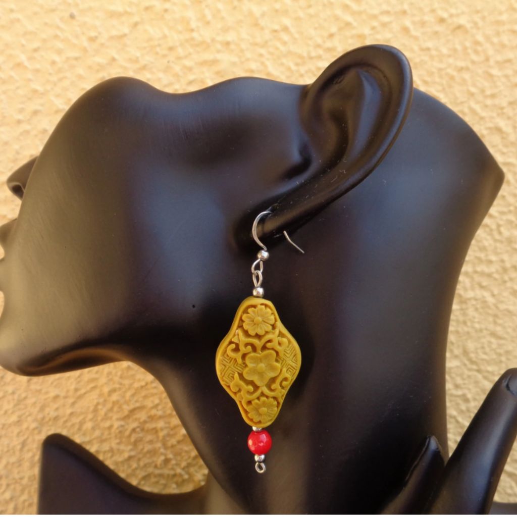 Hand-Carved Cinnabar Drop Earrings – Floral Motif Red & Gold Statement Earrings, Vintage-Inspired Artisan Jewelry - Image 2