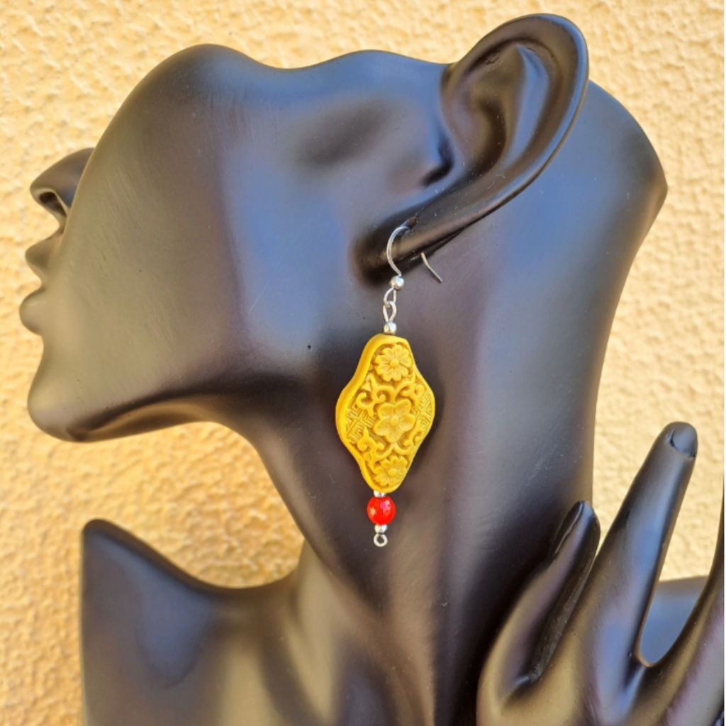 Hand-Carved Cinnabar Drop Earrings – Floral Motif Red & Gold Statement Earrings, Vintage-Inspired Artisan Jewelry - Image 3