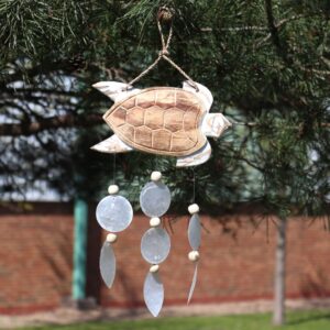 Whitewashed turtle driftwood windchime with natural capiz shell drops hanging in a sheltered garden space. peaceful turtle windchime inspired by the sea.