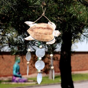 Whitewashed turtle driftwood windchime with natural capiz shell drops hanging in a sheltered garden space. peaceful turtle windchime inspired by the sea.
